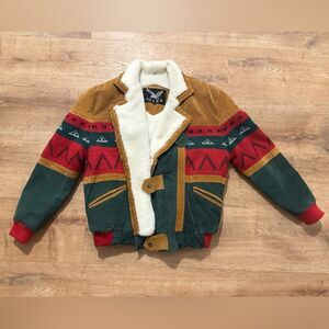 Vintage Adler Leather Coat Sherpa Southwestern Aztec Tribal Jacket Size Small
